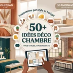 Illustration vectorielle d'une chambre divisée en quatre styles déco : bohème chic, scandinave minimaliste, glamour moderne, vintage industriel, avec un cercle central affichant '50+ IDÉES DÉCO CHAMBRE' et 'TOUS STYLES, TOUS BUDGETS'.