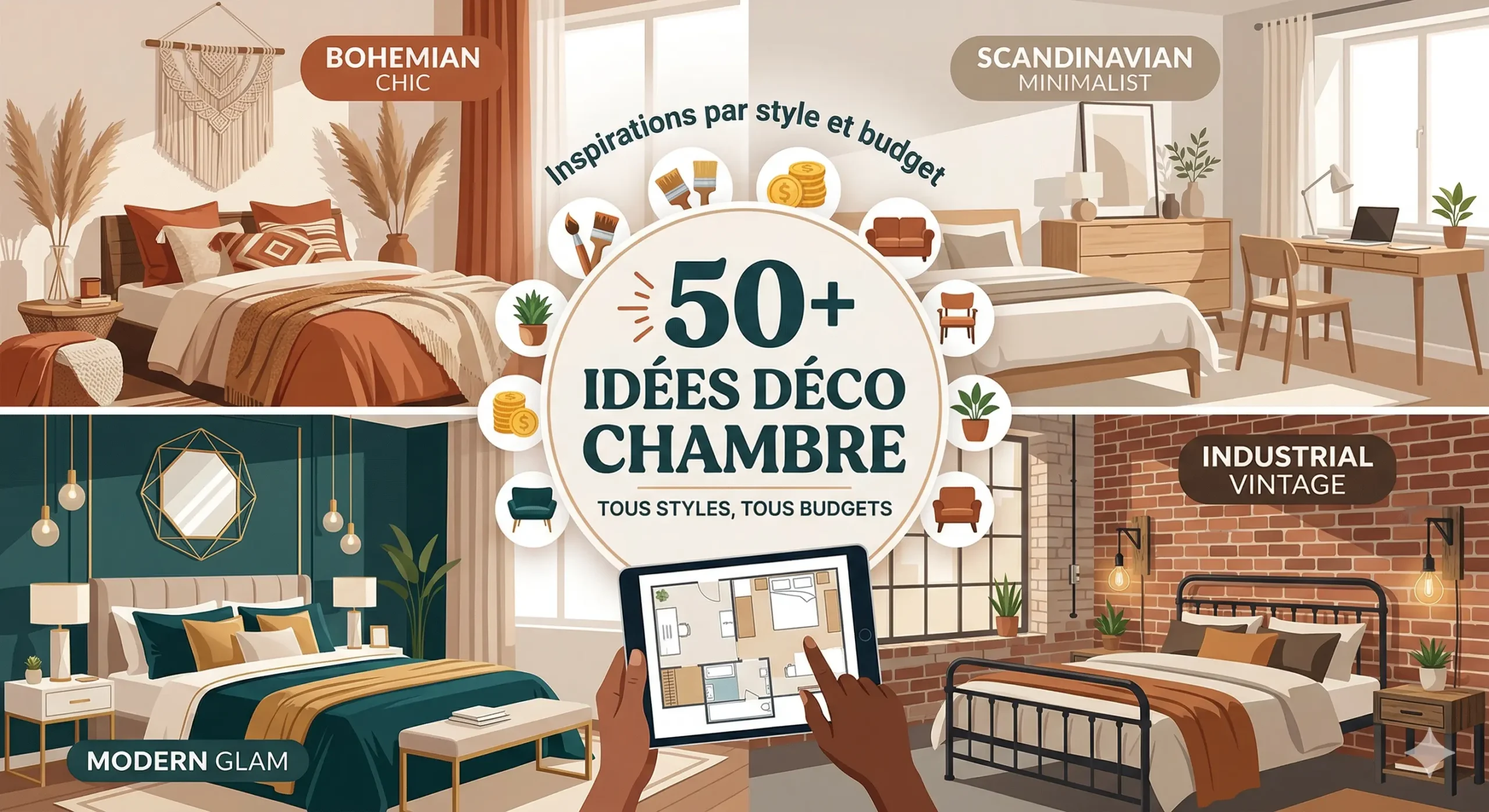 Illustration vectorielle d'une chambre divisée en quatre styles déco : bohème chic, scandinave minimaliste, glamour moderne, vintage industriel, avec un cercle central affichant '50+ IDÉES DÉCO CHAMBRE' et 'TOUS STYLES, TOUS BUDGETS'.